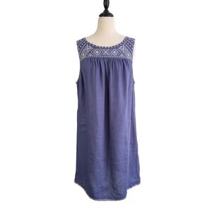 C&C California 100% Linen Embroidered Shift Dress 1X Blue Sleeveless Coastal